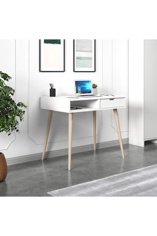 Offer Çalışma Masası, Bilgisayar Masası, Çekmeceli Kilim, Ahşap Ayak, Ev-ofis - Beyaz Beyaz