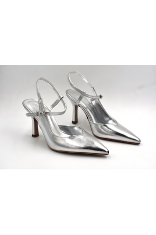 Beyaz London Kapalı Burun Topuklu Kadın Ayakkabı Gumüş Gumüş