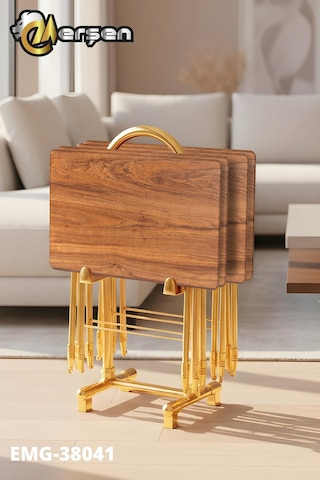 Eranş Serisi 4'lü Katlanır Mdf Mebran Ahşap Çanta Zigon Sehpa Gold Ayak Ceviz Gold Ayak