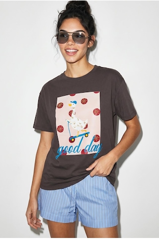 Shade Kadın Good Day Baskılı Nakış Detaylı Relaxed Fit T-shirt 7642 60286117 - Kahverengi
