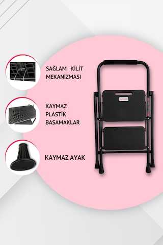 Portalife 2 Basamaklı Uzun Tutacaklı Şık Siyah Çelik Merdiven 100 Cm'ye Kadar