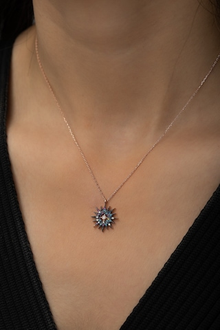 Renkli Taşlı Güneş Kolye, Rodyum Kalemli Rose Gold Kaplama 925 Ayar Gümüş