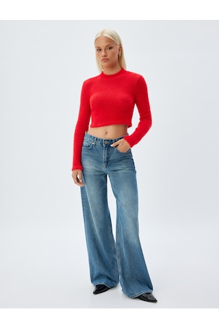 Koton Crop Triko Kazak Uzun Kollu Yuvarlak Hafif Dik Yaka Slim Fit Kırmızı 5wak30076ek Kırmızı