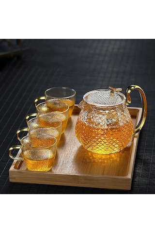 Qerhome Borosilikat Cam Buzlu Gold Saplı Bitki Çayı Demliği 550 Ml Altındem Şeffaf