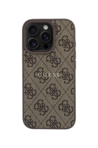 İphone 16 Pro Uyumlu Kılıf Guess Lisanslı M-safe Kabartmalı 4g Desenli Yazı Logolu Kapak Kahverengi