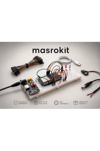 MASROKİT ESP32-D WiFi + Bluetooth Geliştirme Kartlı Eğitim Kiti (Breadboard + Jumper + Kablo+ Güç Modülü)
