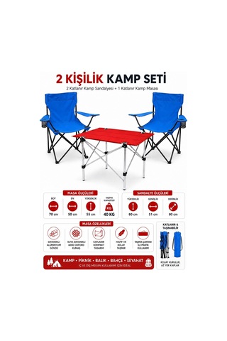 2 Sandalyeli Katlanır Kamp Seti Masa Ve Sandalye Takımı Mavi