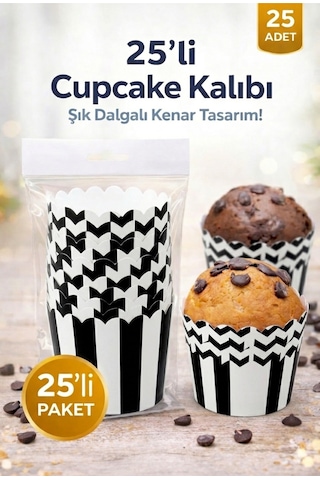 Cupcake Kalıbı & Kek Kapsülü & Muffin Kek Kalıbı & 25 Adet - Siyah Beyaz Kek Kalıbı Beyaz