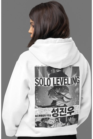 Sevbano Solo Leveling Arise Anime Sırt Baskılı Unisex Oversize Penye Hood beyaz