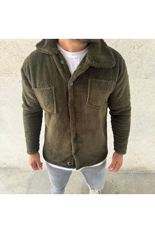 Valensdesign Erkek Pelüş Polar Hırka Gömlek Yakalı, İlik Düğmeli, Göğüs Cepli, Yumuşak Dokulu Kışlık Regular Fi Haki