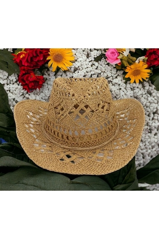 Shopiolog Geniş Kenarlı Etnik Dokulu Uv Korumalı Hasır Kovboy Şapka Camel