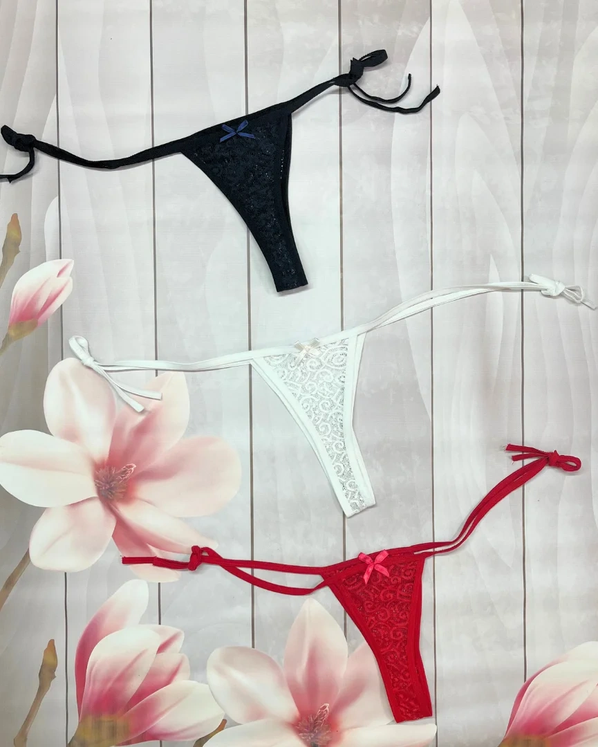 Asil Yan Bağlamalı Fantezi Dantelli Kadın Tanga 3'lü Set Karışık