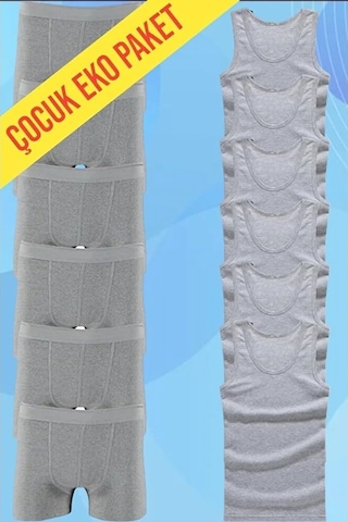 Tezzgelsin Erkek Çocuk Pamuklu Penye 6 Atlet 6 Boxer Gri Gri Tezzgelsin Erkek Çocuk Pamuklu Penye 6 Atlet 6 Boxer Gri Gri