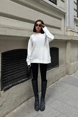 WeShaya Kadın Kırık Beyaz Oversize Dokuma Uzun Kollu Sweatshirt Kırık Beyaz