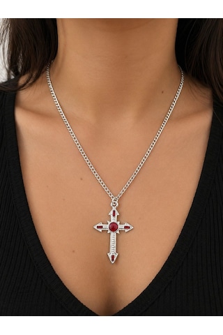 Unisex Gotik Haç Kolye Kırmızı Gri Gümüş Vintage Cross Kolye, Retro Zincir Kolye, Kadın Erkek Punk Kolye Çok Renkli