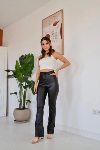 Defymoda Siyah Bel Detaylı Deri Pantolon Siyah