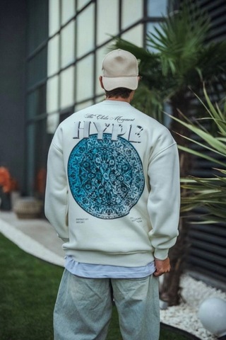 Modi Üç İplik Bisiklet Yaka Baskılı Sweatshirt - Beyaz Açık Kahverengi - Beyaz