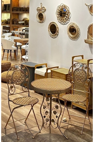 Panalı Ferforje Masa Sandalye Gold 2+1