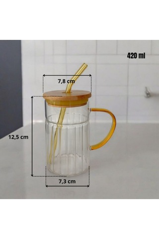 Bambu Kapaklı Cam Pipetli Kupa 420 Ml Sarı