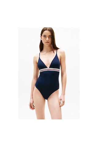 Tommy Hilfiger Kadın Th Global Stripe Derin Yaka Tek Parça Mayo - Lacivert Dark Night Navy