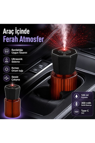 Araç İçi 120 Ml Ultrasonik Hava Nemlendirici Ve Aromaterapi Difüzörü Type-c Şarjlı Koku Siyah