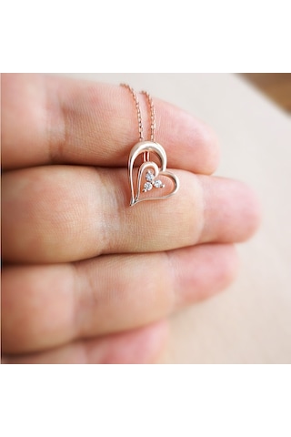 Rose Gümüş Üç Taş Anne Kalbi Kolye G903Klr3 Altınsepeti