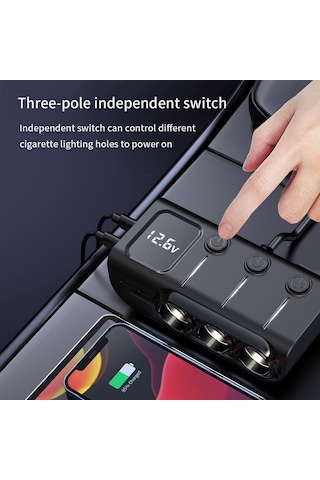 Yunboo Araç Şarj Adaptörü 3 Usb + 2 Type-c Pd 120w, Bağımsız Anahtarlar, Gerilim Monitörü, Siyah 12-24v