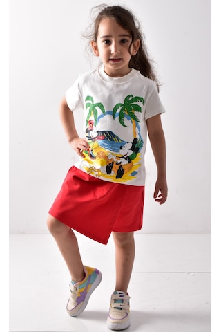 Banadamoda Kız Çocuk Beyaz-Kırmızı Baskılı T-shirt Şort Etek Takımı Beyaz - Kırmızı