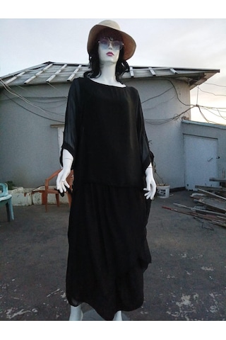 Eren Style Asimetrik Kapaklı Ipek Şalvar Pantolon - Yarasakolllu İpek Bluz Takım-9314 Siyah