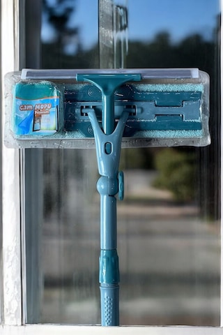 Mikrofiber Cam Mopu Yedek Bezli Cam Silme Aparatı Çekçekli Açık Mavi