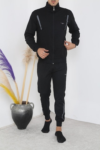 Erkek Dik Yaka Fermuarlı Eşofman Takım - Siyah Siyah