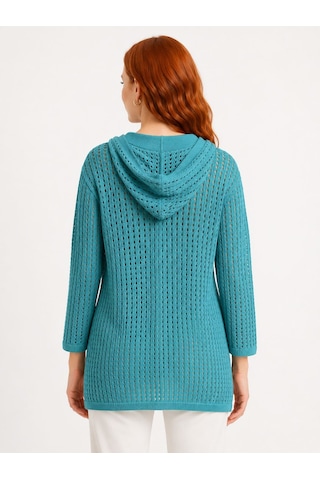 Neden Tekstil Kadın Triko Kapüşonlu Delikli Sweatshirt Turkuaz - Mavi