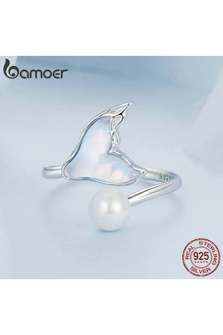 Bamoer Beyaz Altın Kaplama Balık Kuyruğu İnci Yüzük, 925 Ayar Gümüş Sevimli Ayarlanabilir Yüzükler Kadın Kızlar İçin