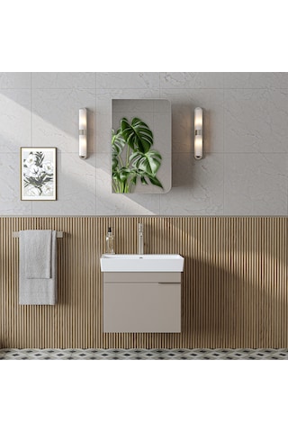 Likya Lavabolu Banyo Dolabı Takımı, Mdflam Tek Kapaklı Lavabolu 59 Cm Banyo Alt Dolabı + Üst Dolabı Kumtaşı