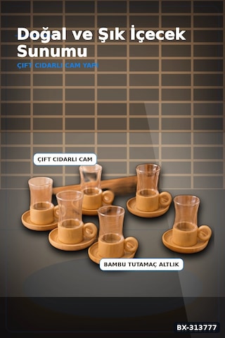 Cift Cidarli 150 Ml 6 Adet Cam Cay Bardagi Ve 6 Adet Bambu Altlik Seti Bx-313777 Renkli