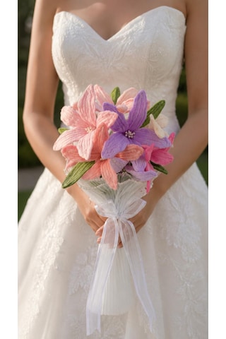 El Yapımı Solmayan Yuvarlak Gelin Buketi Şönil Gelin Buketi Lila Pembe Bridal Bouquet Düğün, Nikah Ve Nişan Çiçeği