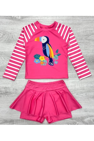 Lolliboomkids Kız Çocuk Beyaz Pembe Renk Şanslı Tukan Kuşu Baskılı Uzun Kollu Tayt Etekli 2 Parça Mayo / Bikini Takımı Tukan Çok Renkli