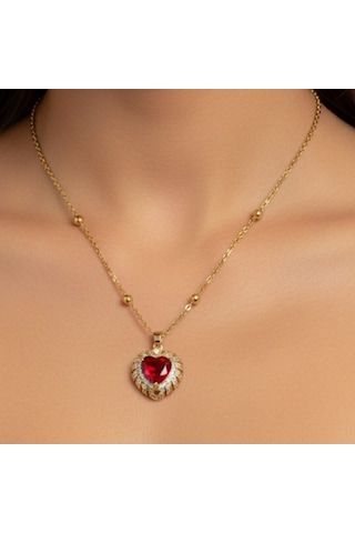 Altın Renk Kırmızı Kalp Model Top Zincir Çelik Kolye Altın