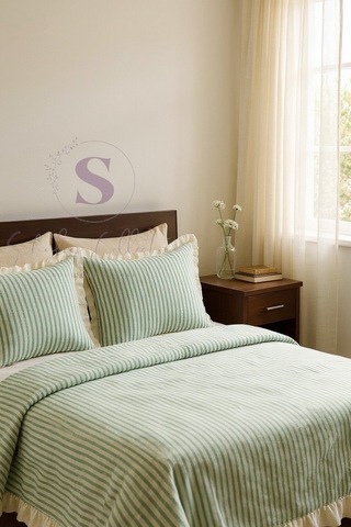 Sarı-bej % 100 Pamuk Fırfır İplik Boyalı Çift Kişilik Nevresim Takımı,modern Çizgili Nevresım Seti Mavi - Bej