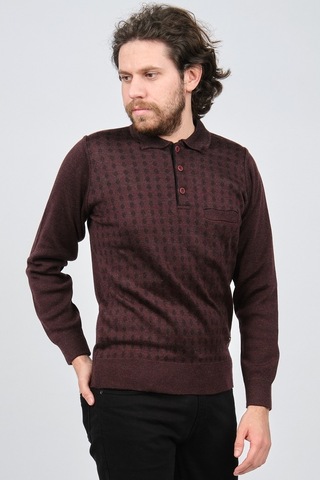 Çizgi Triko Erkek Cep Detaylı Polo Yaka Desenli Kazak 42544216 Bo Bordo