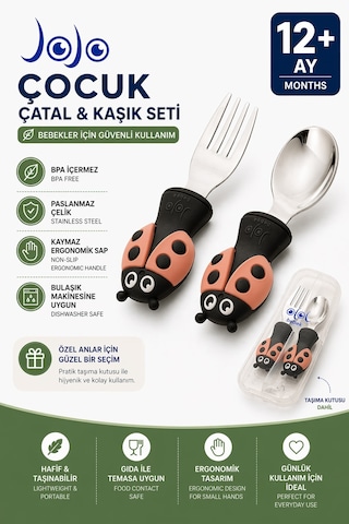 Uğurböceği Premium Çocuk Bpa'sız Silikon Saplı Paslanmaz Çelik Uçlu Çatal-kaşık/saklama Kutusu 9+ay Siyah - Pembe