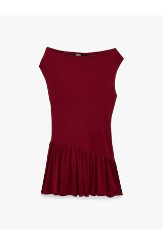 Koton Sandy Kumaş Kolsuz Omzu Açık Asimetrik Madonna Yaka Mini Elbise Bordo 7wak80048ek