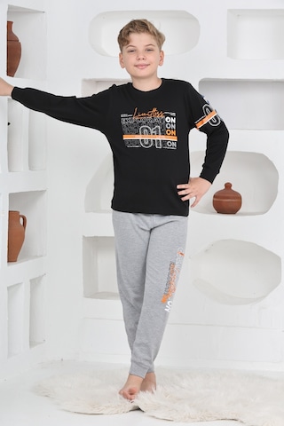 Modanino Erkek Çocuk Baskılı %100 Pamuk İnterlok Kumaş Pijama Takımı 12446 Siyah