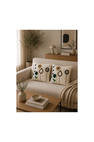 Punch Nakış İşlemeli 2'li Kırlent Kılıfı 40x40 Beyaz-krem-yeşil