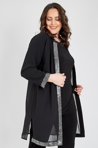 Ladies First Büyük Beden 3717 Siyah Gümüş Ceket+Bluz Ikili Takım