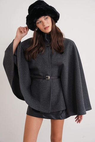 4768 Kadın Kemerli Panço Premium Kaşe Ceket Antrasit Antrasit