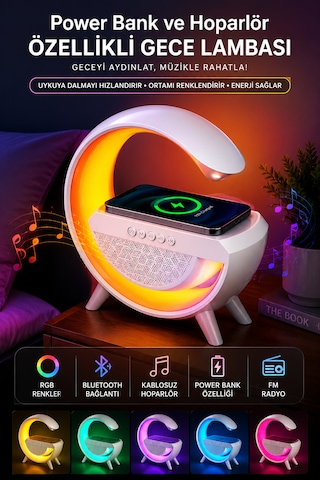 Forlife Fl-8093 G Tasarım Akıllı Gece Lambası Wireless Şarjlı Bluetooth Speaker 321-6 Beyaz