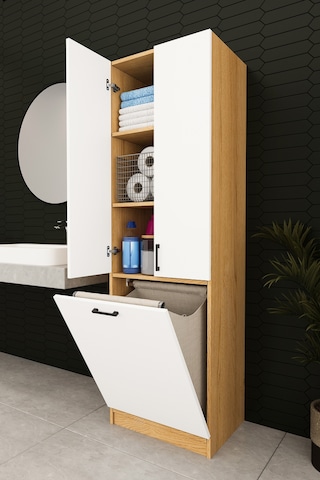 Modern Çamaşır Sepetli Çok Amaçlı Banyo Dolabı %100 Mdf Banyo Düzenleyici Dolap Bd06 Beyaz - Karına