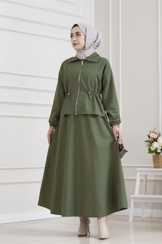 Sevitli Beli Tünelli Fermuarlı Etekli Takım-haki-5628 Haki
