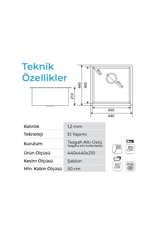 Crauf Stella 4444 Pvd Bakır 40x40 El Yapımı Paslanmaz Çelik Mutfak Eviyesi Bakır